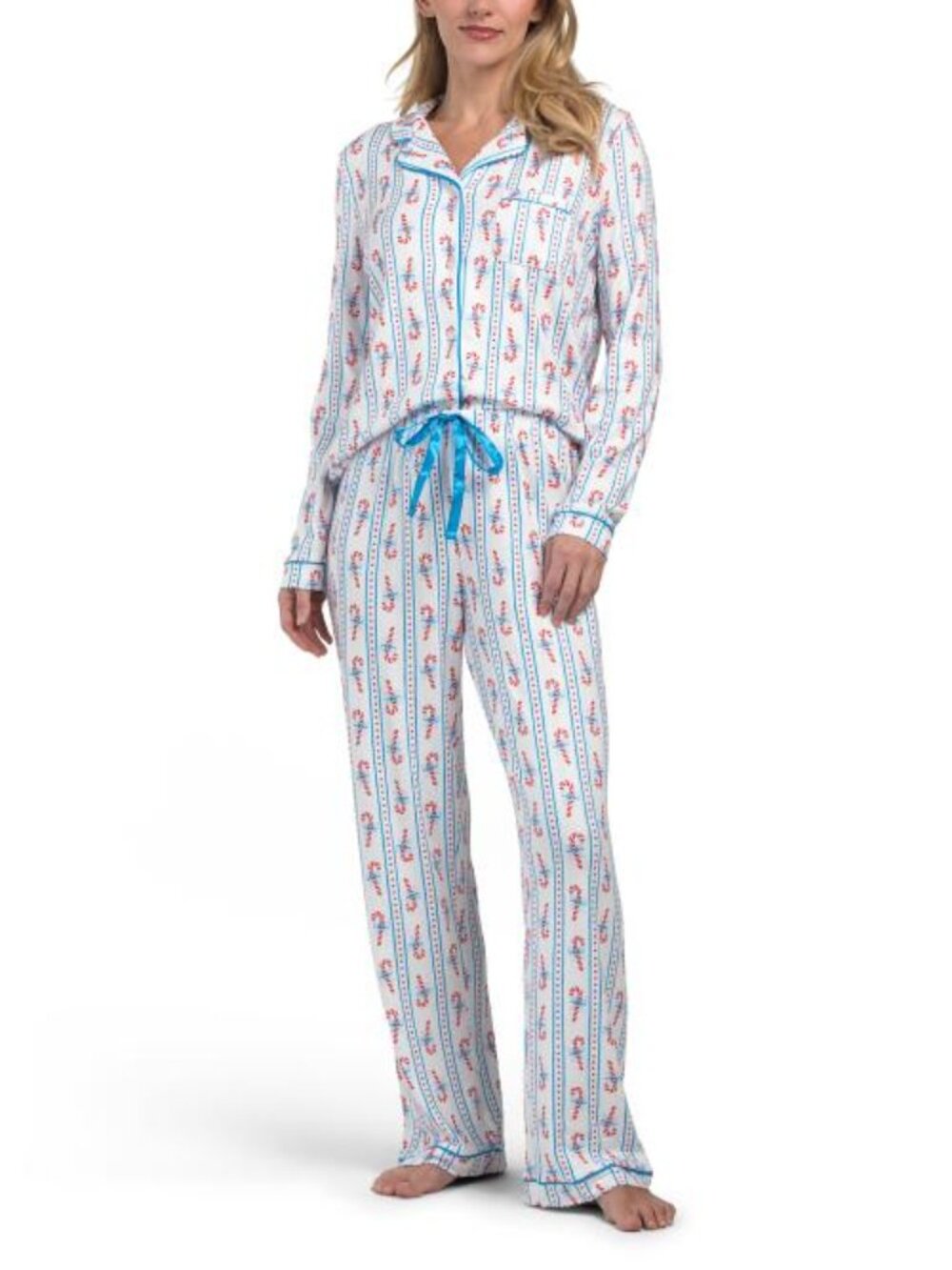 TAHARI 2pc Candy Cane Trellis Notch Collar Pajama Set With Brush